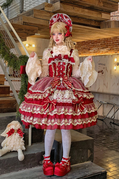 Ruby Gemstone Triple-Layered Bow Lace JSK Dress for Elegant Lolita