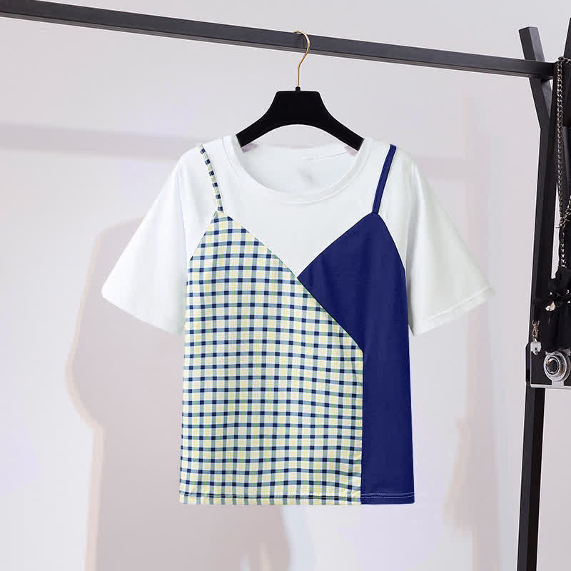 Denim Chic Round T-Shirt Collar Colorblock Pocketed Shorts