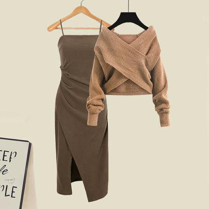 Dress Cross Ruffled Split Elegant Knitted Slip Sweater