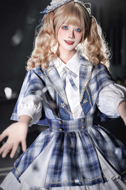 Lapel Long Sleeve Double Printed Ruffled Bow Japanese Lolita Skirt Set