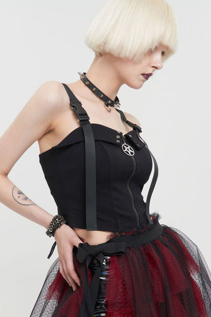Dark Adjustable Strap Knit Corset Vest with Front Snap Zippers