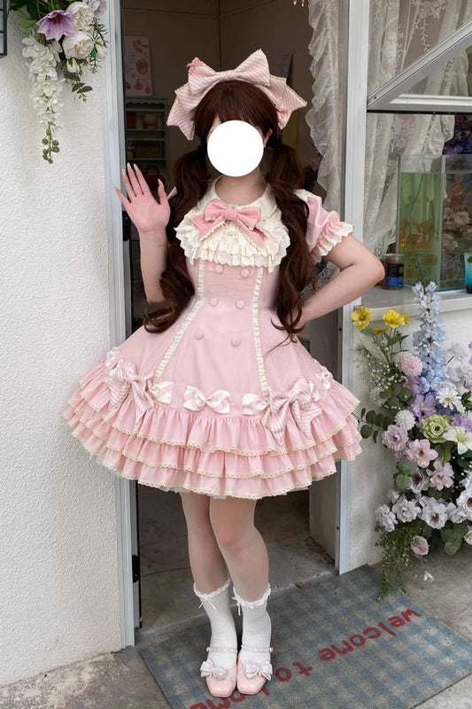 Rose Striped Layered Short Sleeves Multi Ruffle Bow Sweet Princess Lolita Tiered Dress