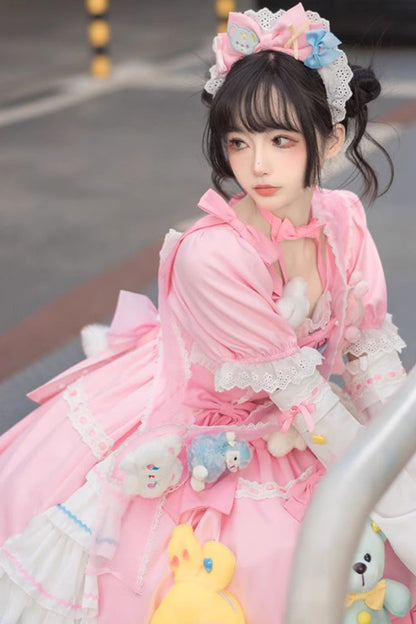 Pink Square-Collar Printed Doll Party Detachable-Sleeved Ruffled Bow-Trim Sweet Princess Lolita Dress