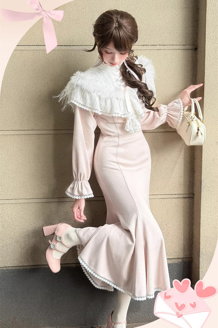 Rose Stand Collar Off-Shoulder Long Sleeve Lace Sweet Japanese Elegant Lolita Mermaid Gown - Little Love Song