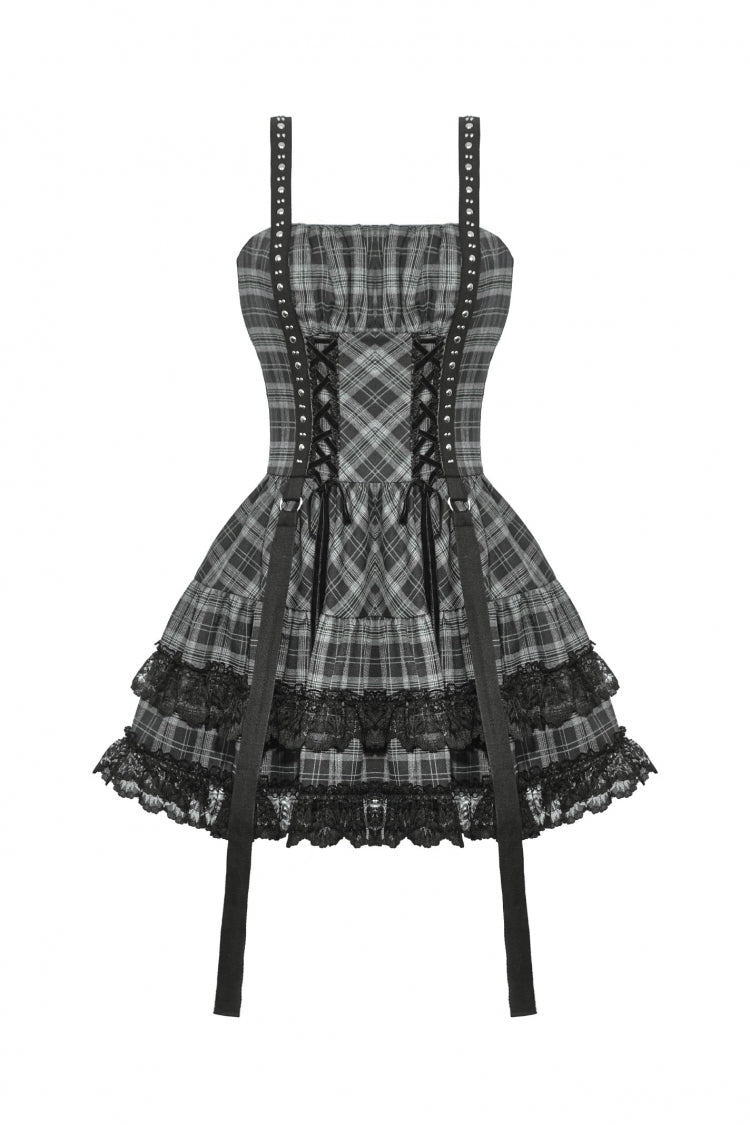 Charcoal Layered Lace Hem Plaid Slip Dress - Punk Party Attire