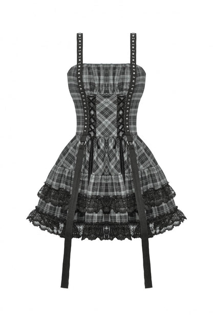 Charcoal Layered Lace Hem Plaid Slip Dress - Punk Party Attire