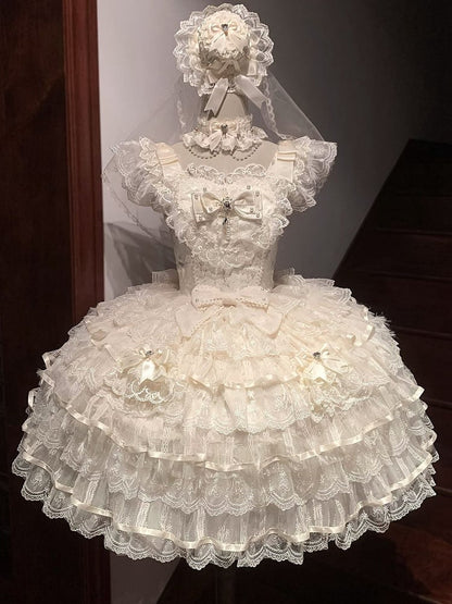 Apricot Butterfly Fabric Bodice Hanayome Tiered Skirt Lolita Hime Dress