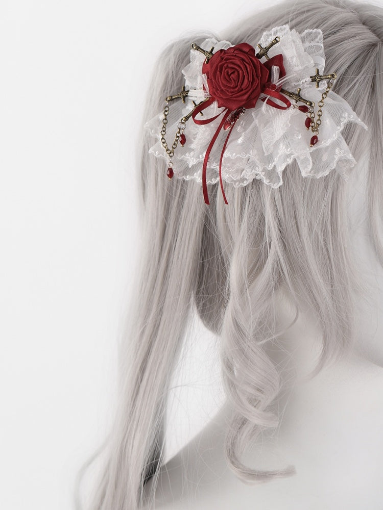 White Lace Red Rosette Bowknot Hairclips