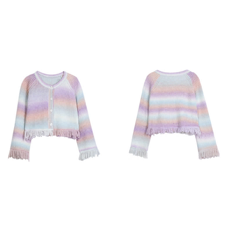 Sweet Tie Dye Fringed Cardigan Sweater Chiffon Slip Dress