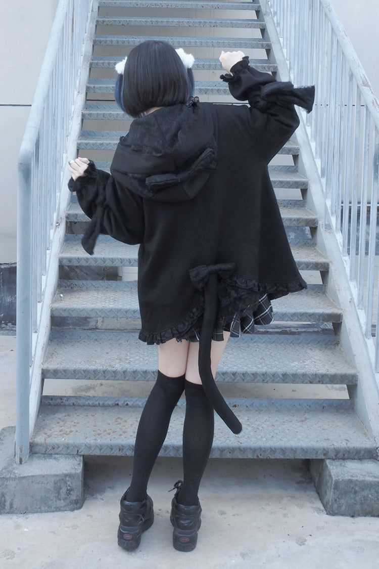 Black Cat Ear Hooded Ruffle Bow Gothic Coat