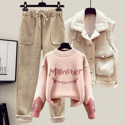 Letter Monster Set Sweater Pants Casual Vest Fleece
