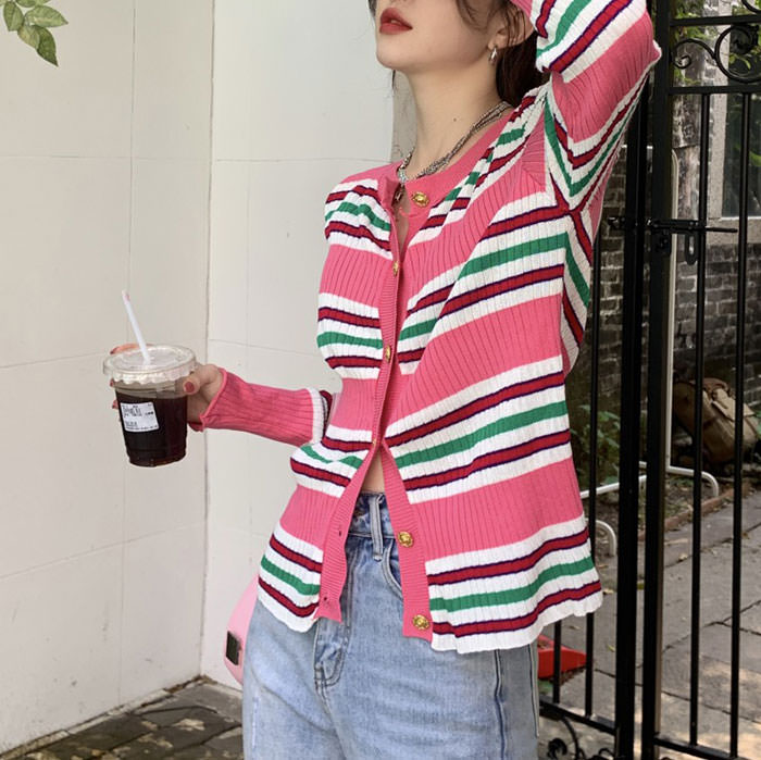 Pink Striped Ribbed Cardigan