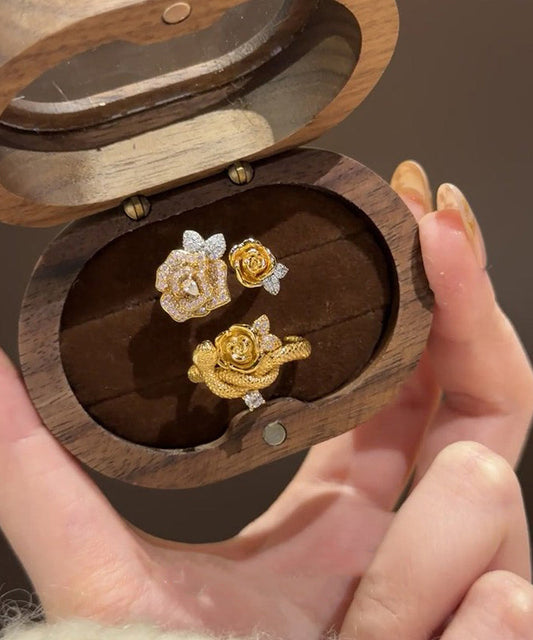 Piece Two Zircon Antique Gold Rings Snake Set Floral