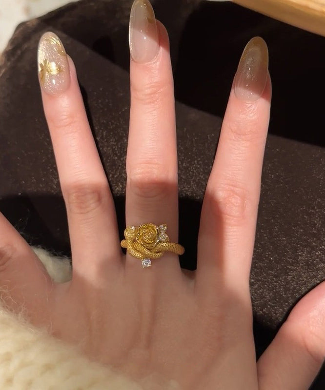 Piece Two Zircon Antique Gold Rings Snake Set Floral