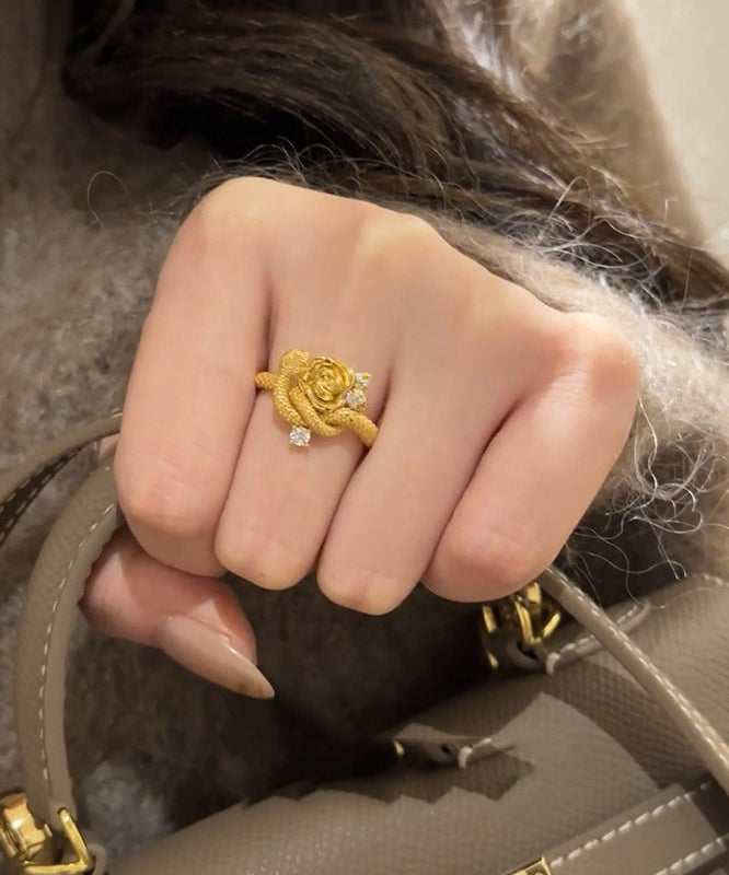 Piece Two Zircon Antique Gold Rings Snake Set Floral