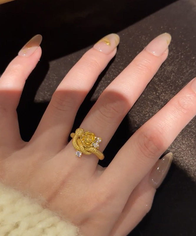 Piece Two Zircon Antique Gold Rings Snake Set Floral
