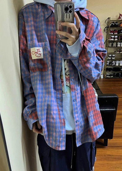 Art Asymmetrical Plaid Pockets Cotton Shirts Men Spring