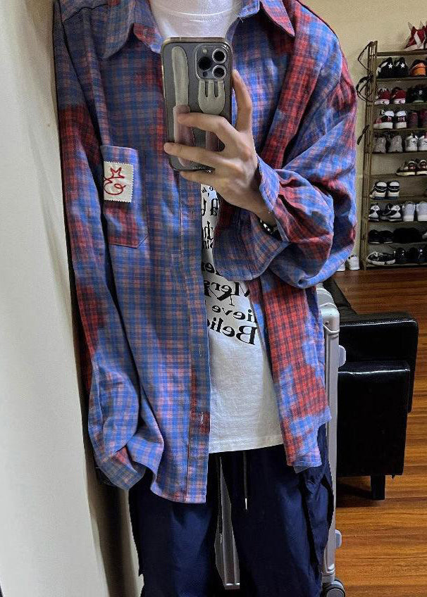 Art Asymmetrical Plaid Pockets Cotton Shirts Men Spring