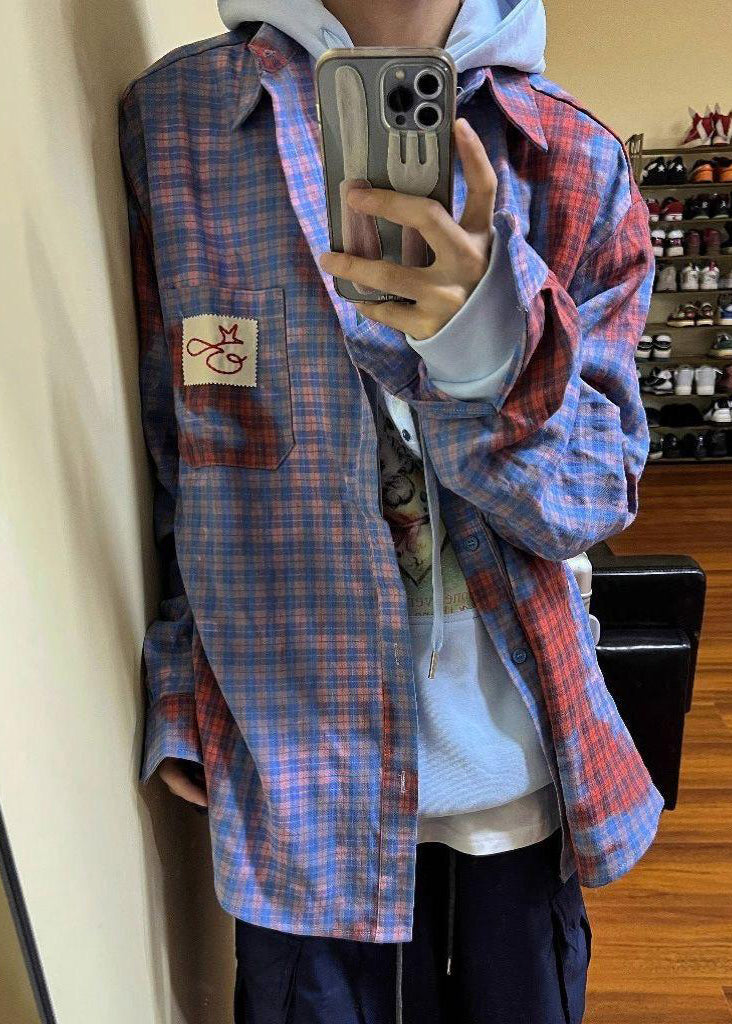 Art Asymmetrical Plaid Pockets Cotton Shirts Men Spring