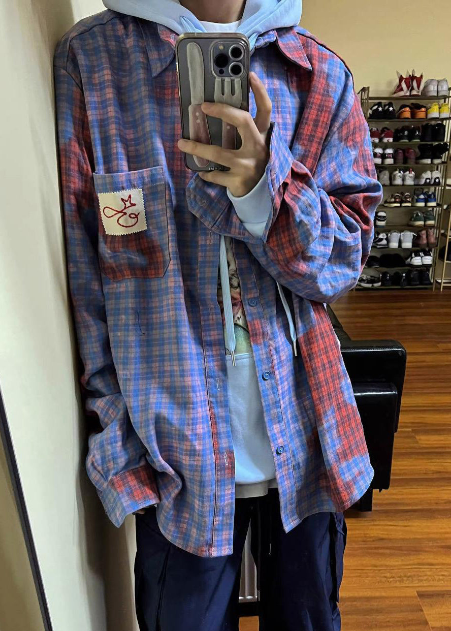 Art Asymmetrical Plaid Pockets Cotton Shirts Men Spring