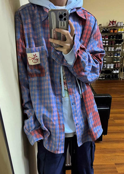 Art Asymmetrical Plaid Pockets Cotton Shirts Men Spring