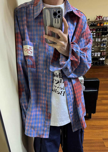 Art Asymmetrical Plaid Pockets Cotton Shirts Men Spring