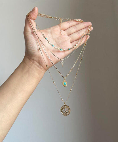 Overgild Out Layered Necklace Art Pendant Sterling Silver Turquoise Hollow Gold Tassel