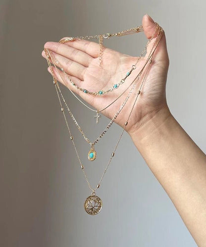 Overgild Out Layered Necklace Art Pendant Sterling Silver Turquoise Hollow Gold Tassel