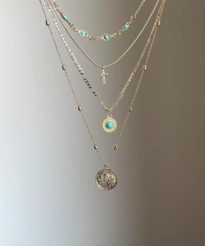 Overgild Out Layered Necklace Art Pendant Sterling Silver Turquoise Hollow Gold Tassel