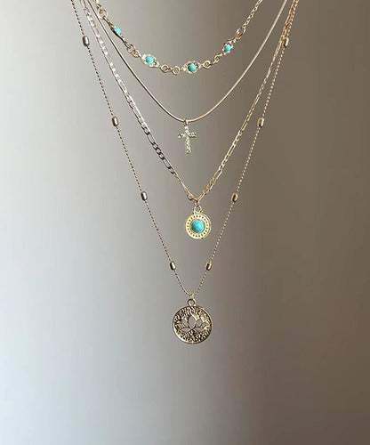 Overgild Out Layered Necklace Art Pendant Sterling Silver Turquoise Hollow Gold Tassel