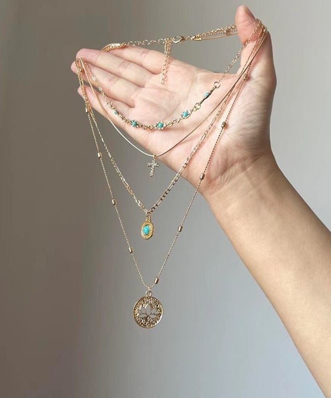 Overgild Out Layered Necklace Art Pendant Sterling Silver Turquoise Hollow Gold Tassel