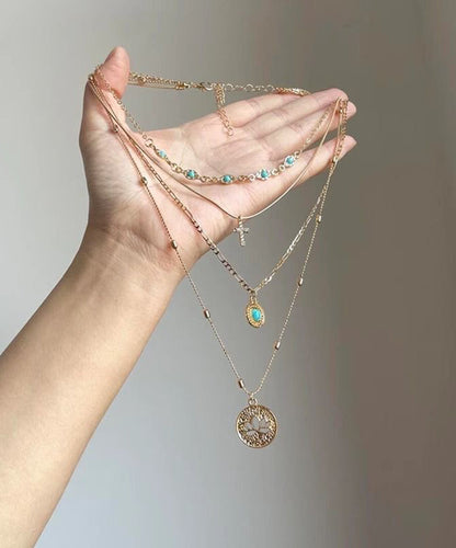 Overgild Out Layered Necklace Art Pendant Sterling Silver Turquoise Hollow Gold Tassel