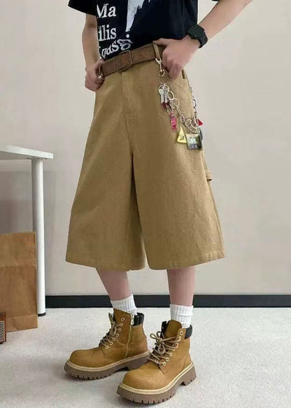Art Khaki Letter Pockets High Waist Mens Crop Pants Summer