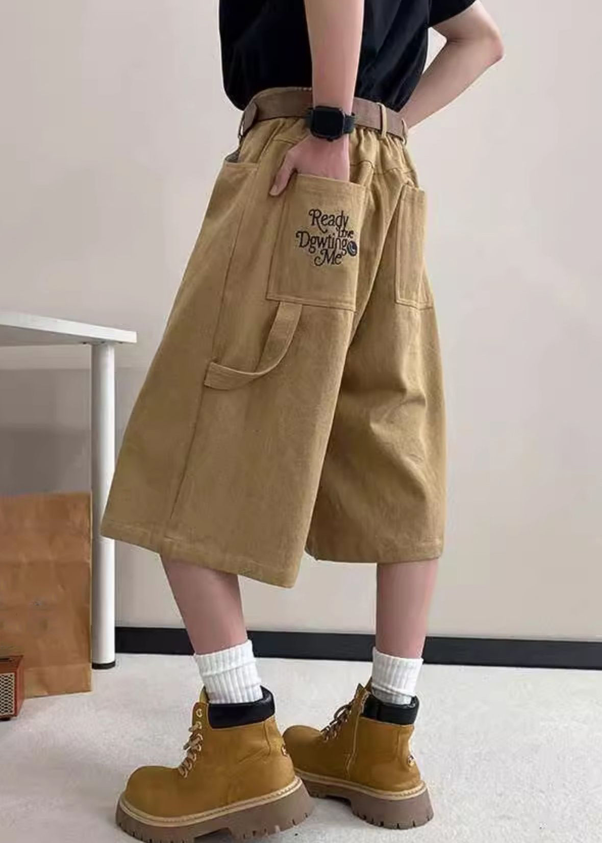 Art Khaki Letter Pockets High Waist Mens Crop Pants Summer