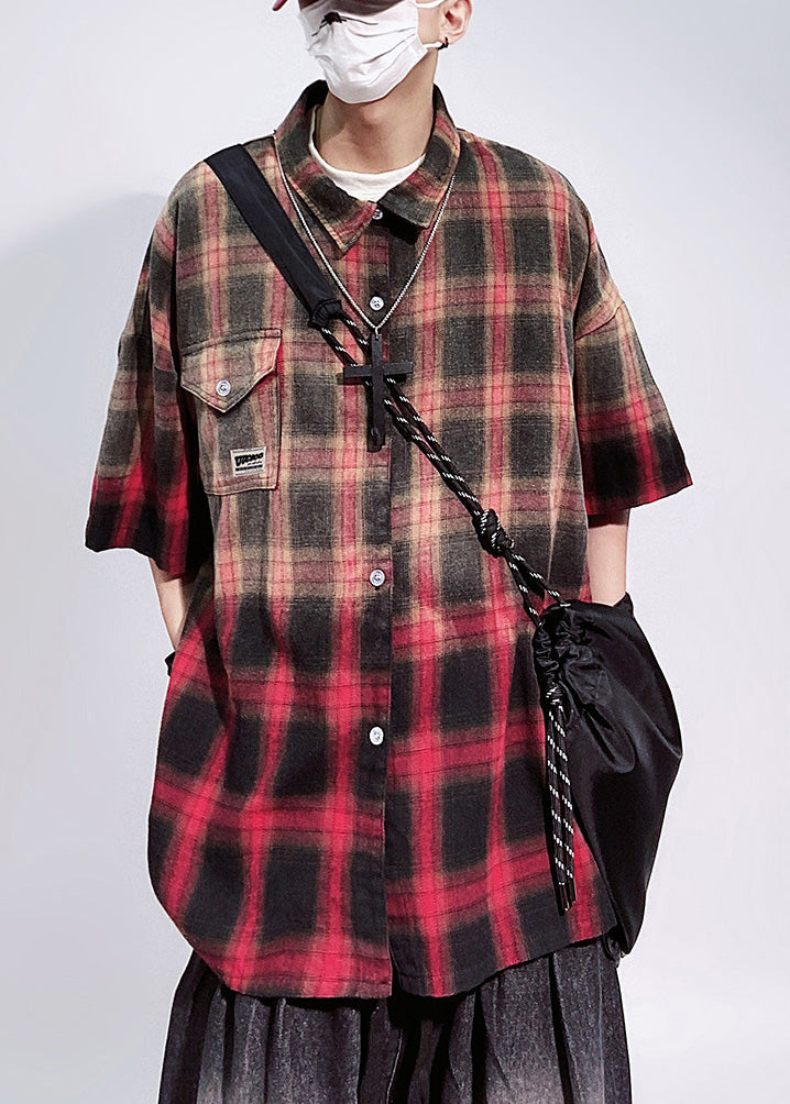 Art Red Plaid Pockets Oversized Cotton Shirts Mens Half Sleeve