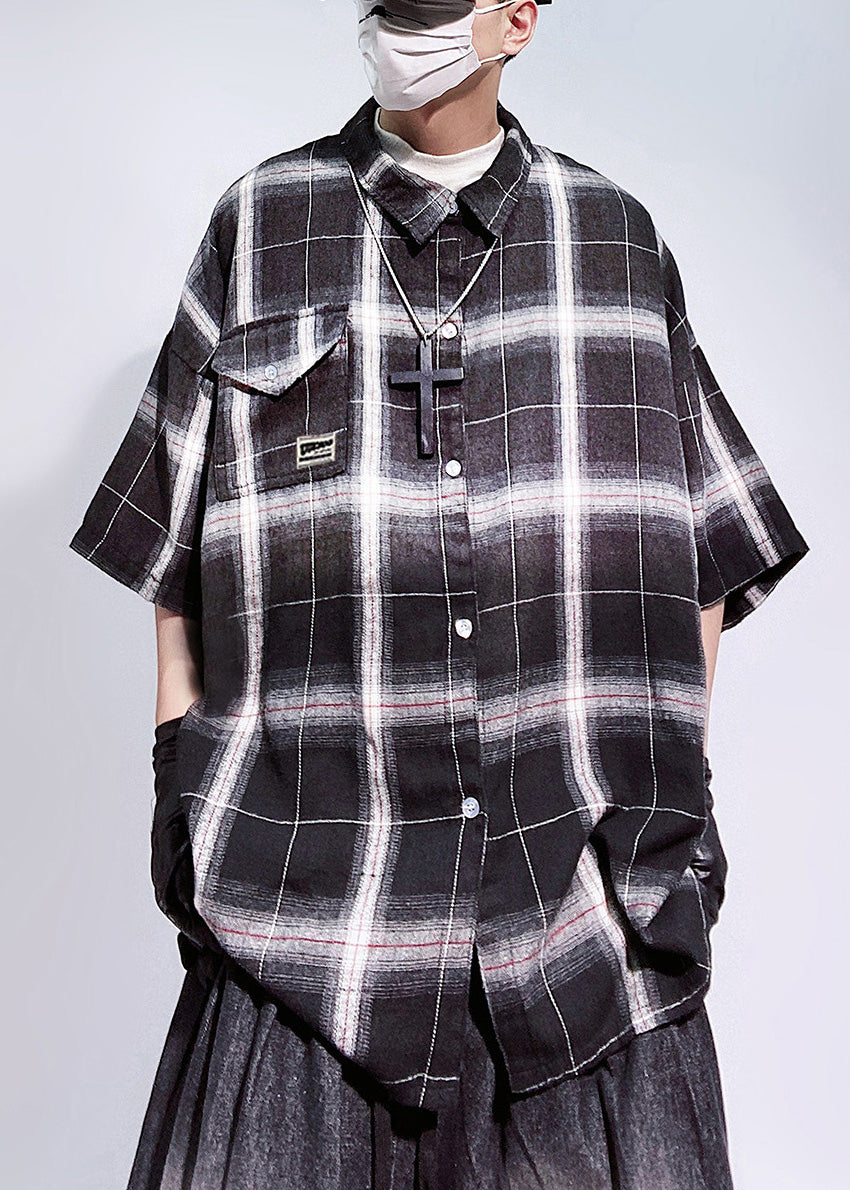 Art Red Plaid Pockets Oversized Cotton Shirts Mens Half Sleeve