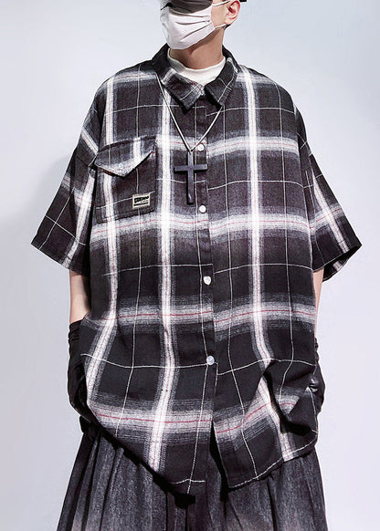 Art Red Plaid Pockets Oversized Cotton Shirts Mens Half Sleeve