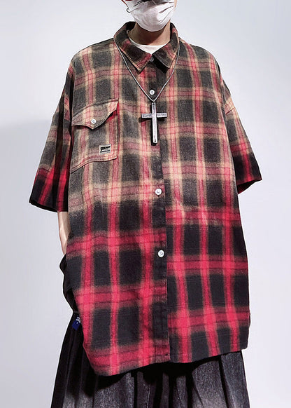 Art Red Plaid Pockets Oversized Cotton Shirts Mens Half Sleeve