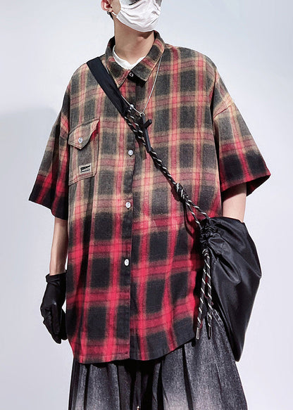 Art Red Plaid Pockets Oversized Cotton Shirts Mens Half Sleeve