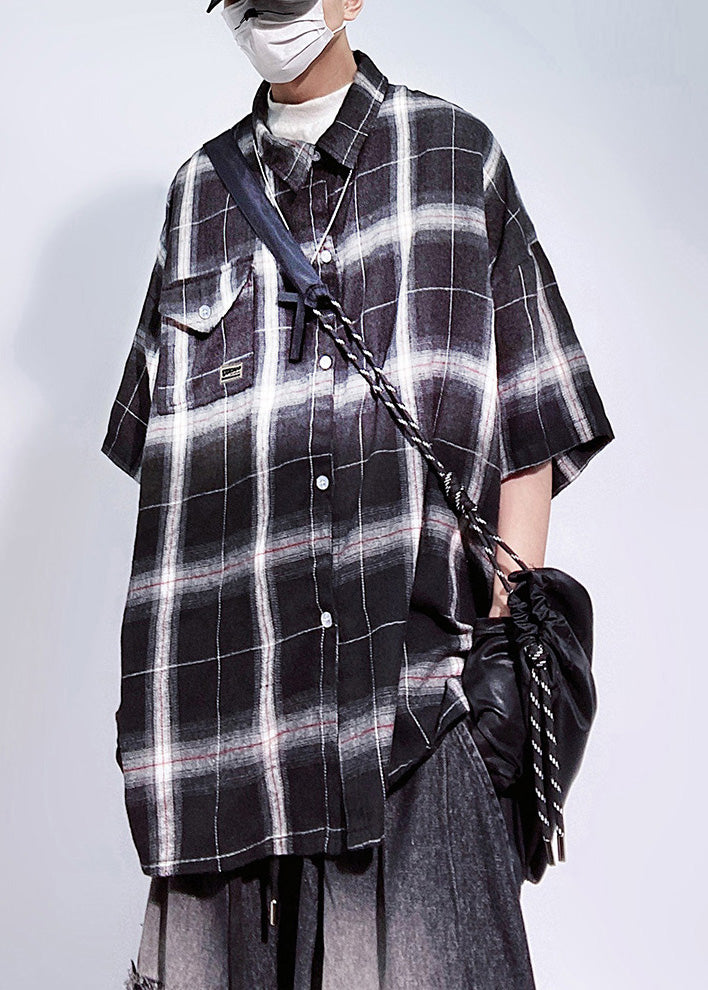 Art Red Plaid Pockets Oversized Cotton Shirts Mens Half Sleeve