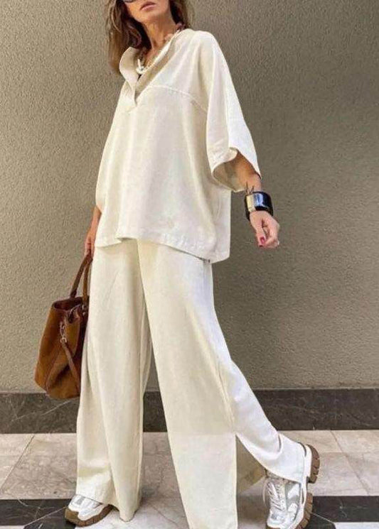Art White O-Neck Patchwork Top And Wide Leg Pants Two Pieces Set Fall
