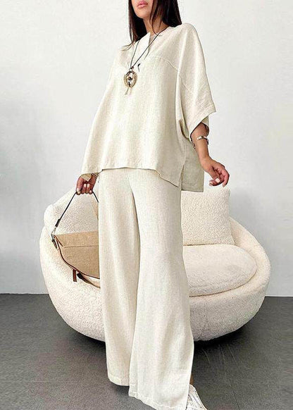 Art White O-Neck Patchwork Top And Wide Leg Pants Two Pieces Set Fall