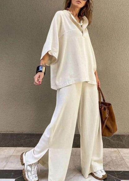 Art White O-Neck Patchwork Top And Wide Leg Pants Two Pieces Set Fall