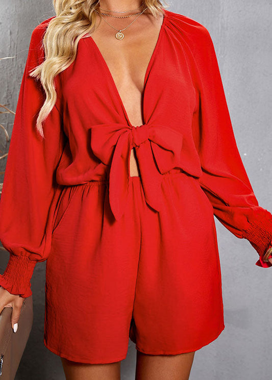 Solid V Patchwork Fall Neck Jumpsuit Beautiful Red