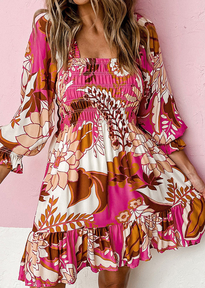 Rose Square Wrinkled Beautiful Fall Dress Mid Collar