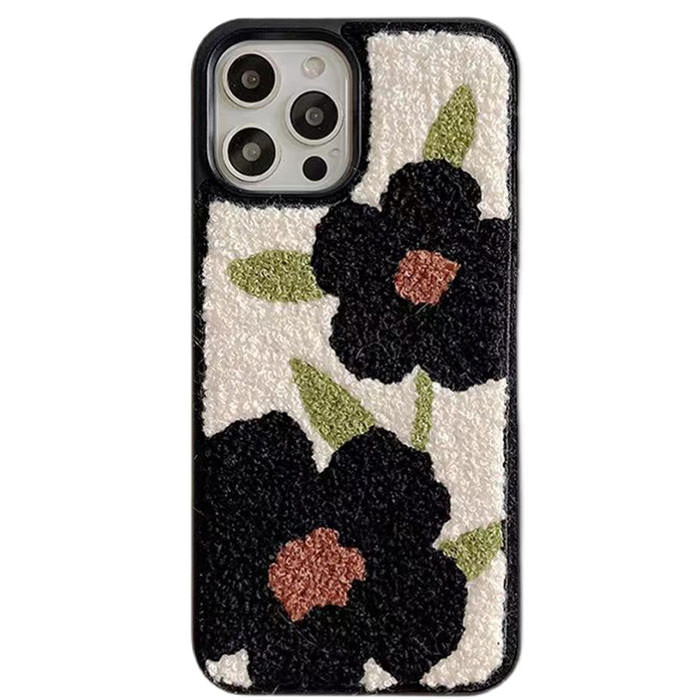 Coque iPhone en peluche à motif de fleurs noires