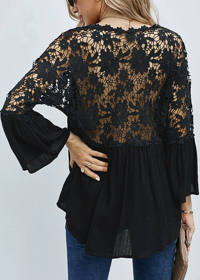 Black V Neck Solid Tops Out Fall Hollow