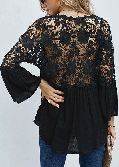 Black V Neck Solid Tops Out Fall Hollow