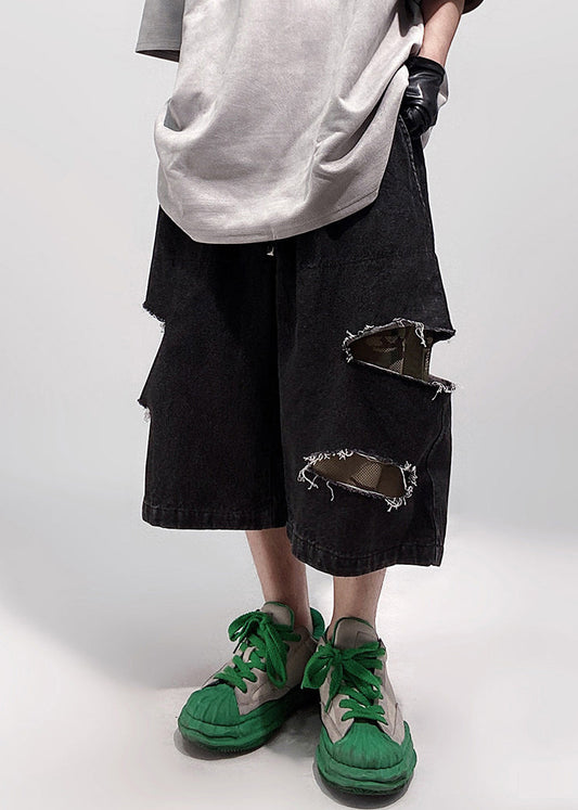 Black Pockets Oversized Denim Summer Men Shorts Elastic Waist