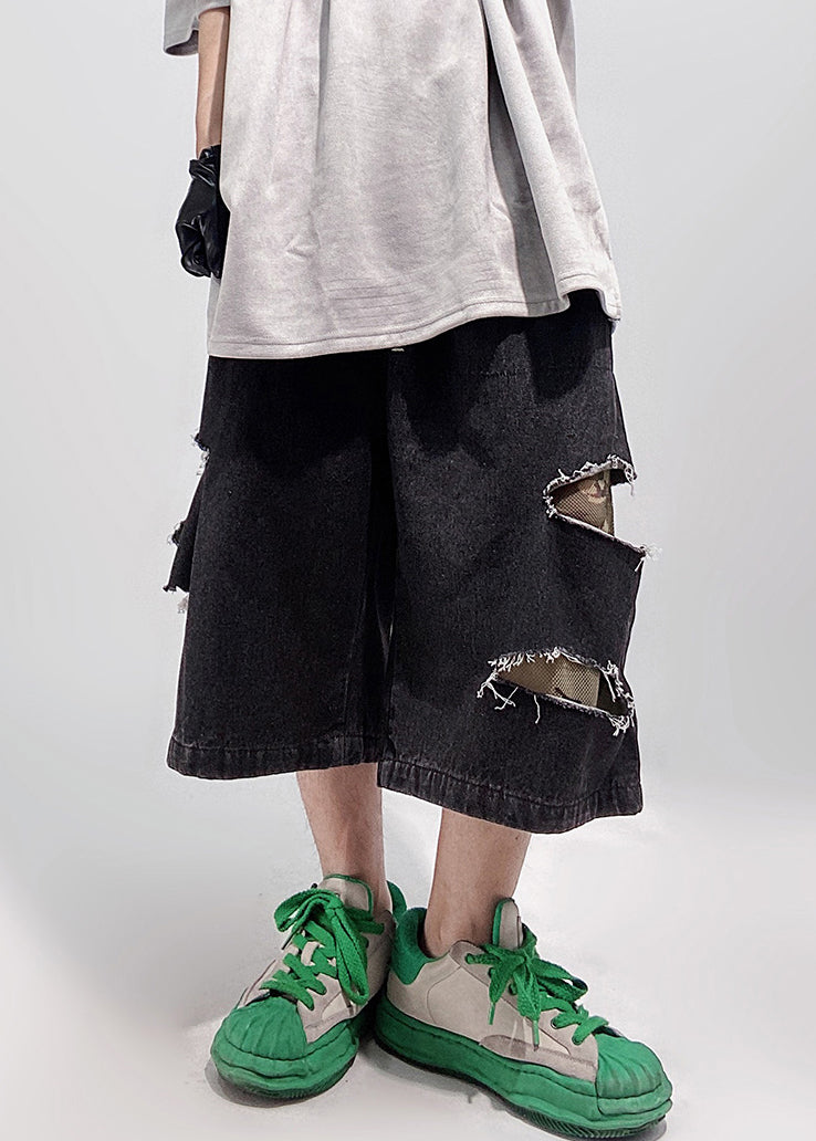 Black Pockets Oversized Denim Summer Men Shorts Elastic Waist